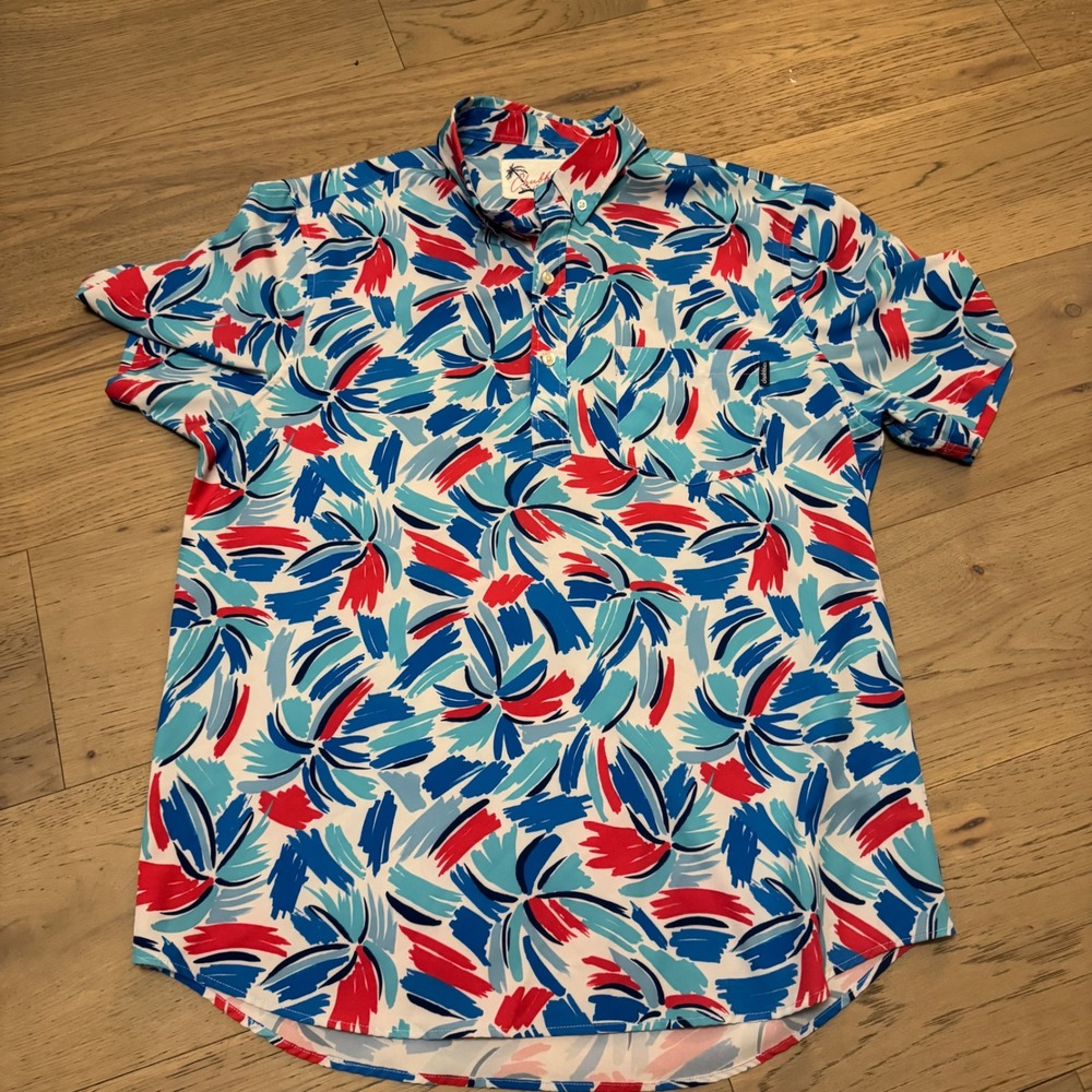 AOP Chubbies Mens XL Short‎ Sleeve Button Down Shirt Palm Blue Red Stretch